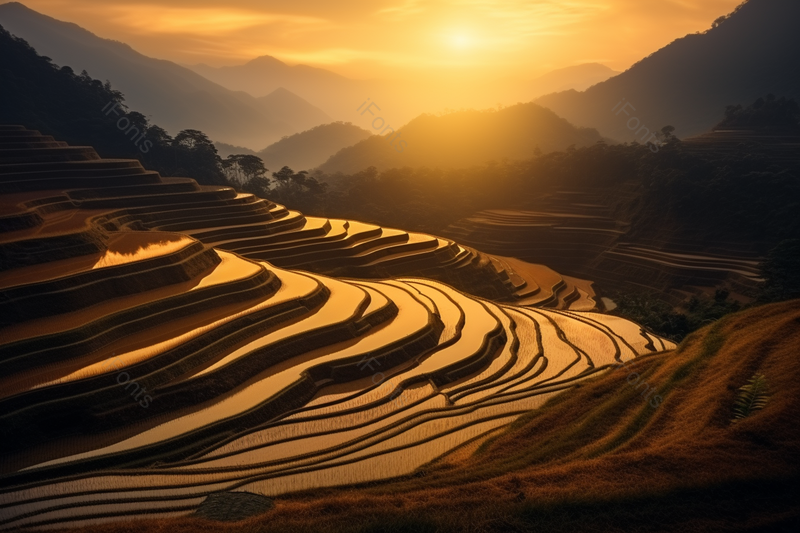 风景生活感日出山坡上的梯田,高清,摄影图,摄影图片,图片大全,摄影图免费下载
